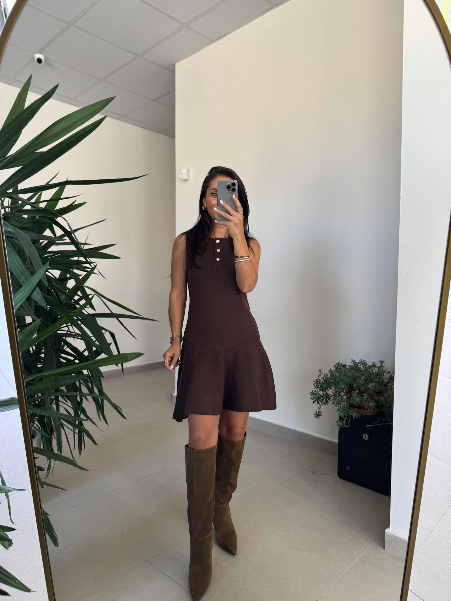 Dv 90244 A. Kahve Gold Düğmeli Triko Elbise