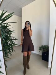 Dv 90244 A. Kahve Gold Düğmeli Triko Elbise