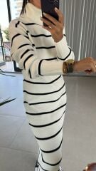 Beyaz Siyah Çizgili Balıkçı Triko Elbise