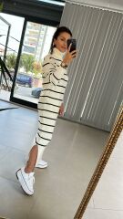 Beyaz Siyah Çizgili Balıkçı Triko Elbise