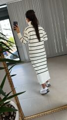 Beyaz Siyah Çizgili Balıkçı Triko Elbise