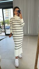 Beyaz Siyah Çizgili Balıkçı Triko Elbise