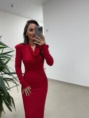 Np 1012 Kırmızı Degaje Yaka Kalem Elbise