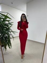 Np 1012 Kırmızı Degaje Yaka Kalem Elbise