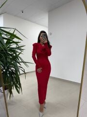 Np 1012 Kırmızı Degaje Yaka Kalem Elbise