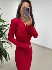 Np 1012 Kırmızı Degaje Yaka Kalem Elbise