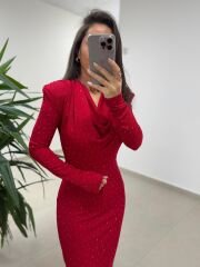 Np 1012 Kırmızı Degaje Yaka Kalem Elbise