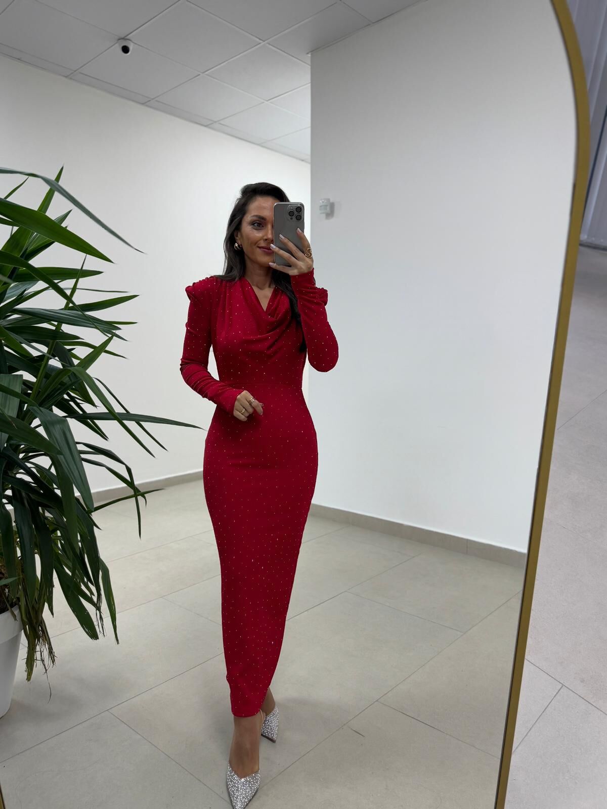 Np 1012 Kırmızı Degaje Yaka Kalem Elbise