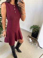 Dv 90244 Bordo Gold Düğmeli Triko Elbise