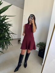 Dv 90244 Bordo Gold Düğmeli Triko Elbise