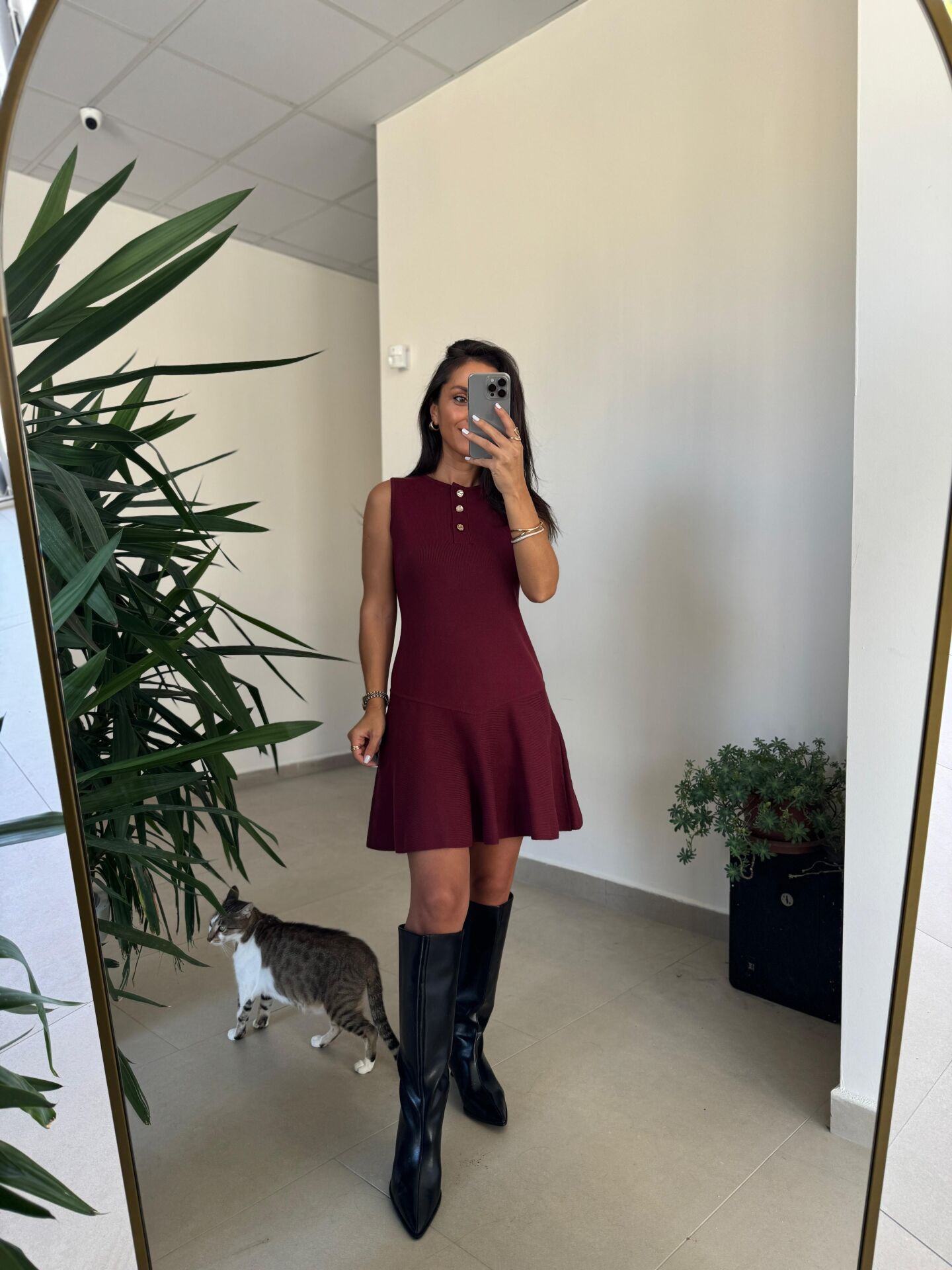 Dv 90244 Bordo Gold Düğmeli Triko Elbise