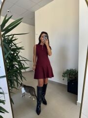 Dv 90244 Bordo Gold Düğmeli Triko Elbise