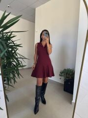 Dv 90244 Bordo Gold Düğmeli Triko Elbise