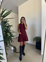 Dv 90244 Bordo Gold Düğmeli Triko Elbise