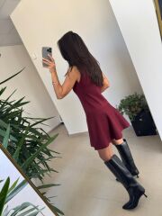 Dv 90244 Bordo Gold Düğmeli Triko Elbise