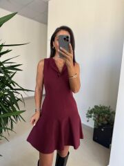 Dv 90244 Bordo Gold Düğmeli Triko Elbise