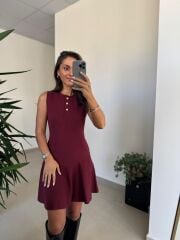 Dv 90244 Bordo Gold Düğmeli Triko Elbise