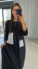 Dr 2432 Cep Zikzaklı Siyah Tasarım Elbise