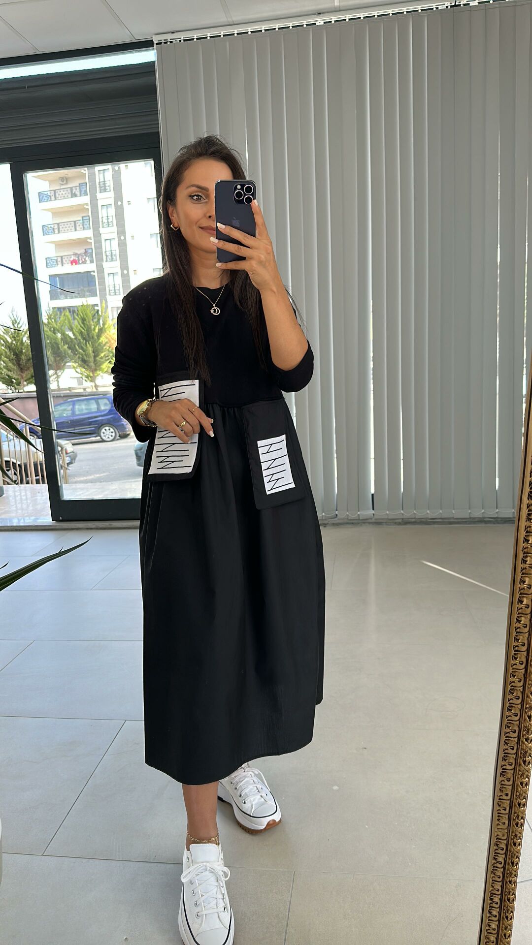 Dr 2432 Cep Zikzaklı Siyah Tasarım Elbise