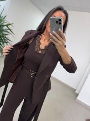 Art 4011 A. Kahve Bel Kuşaklı Ceket Takım