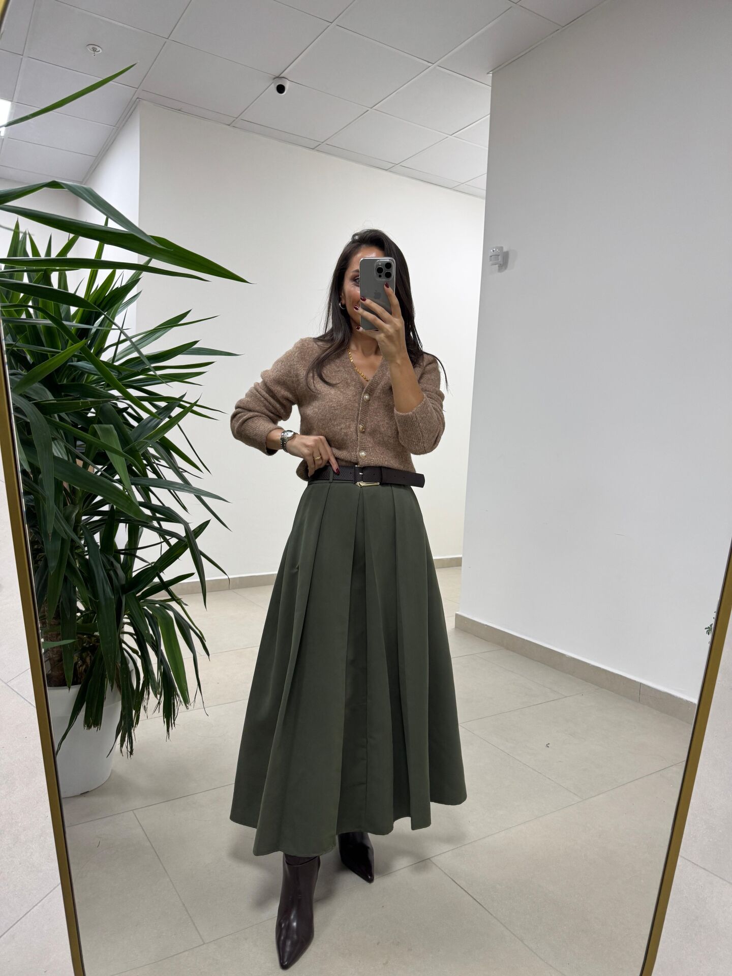 Ms Kendinden Kemerli Haki Kloş Etek