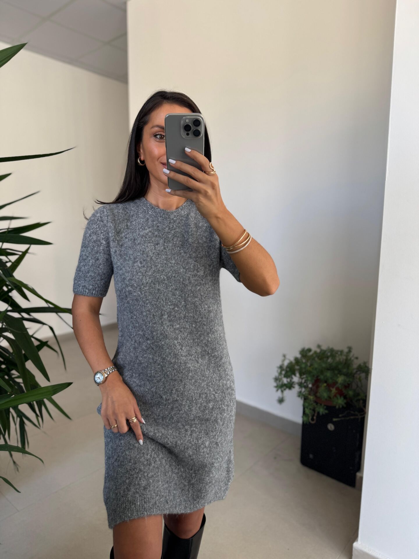 Dv 90257 Gri Kısa Kol Triko Elbise