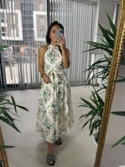 My 3552 Halter Neck Green Orange Floral Crinkle Dress