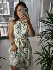 My 3552 Halter Neck Green Orange Floral Crinkle Dress