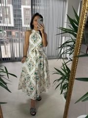 My 3552 Halter Neck Green Orange Floral Crinkle Dress
