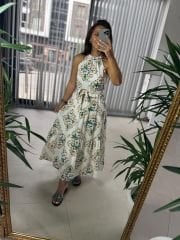 My 3552 Halter Neck Green Orange Floral Crinkle Dress