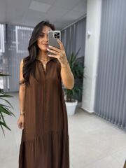 Cr 1634 A.Kahve Gömlek Yaka Viskon Elbise