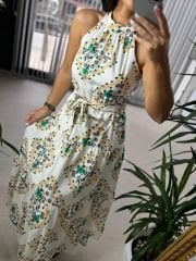My 3552 Halter Neck Green Orange Floral Crinkle Dress