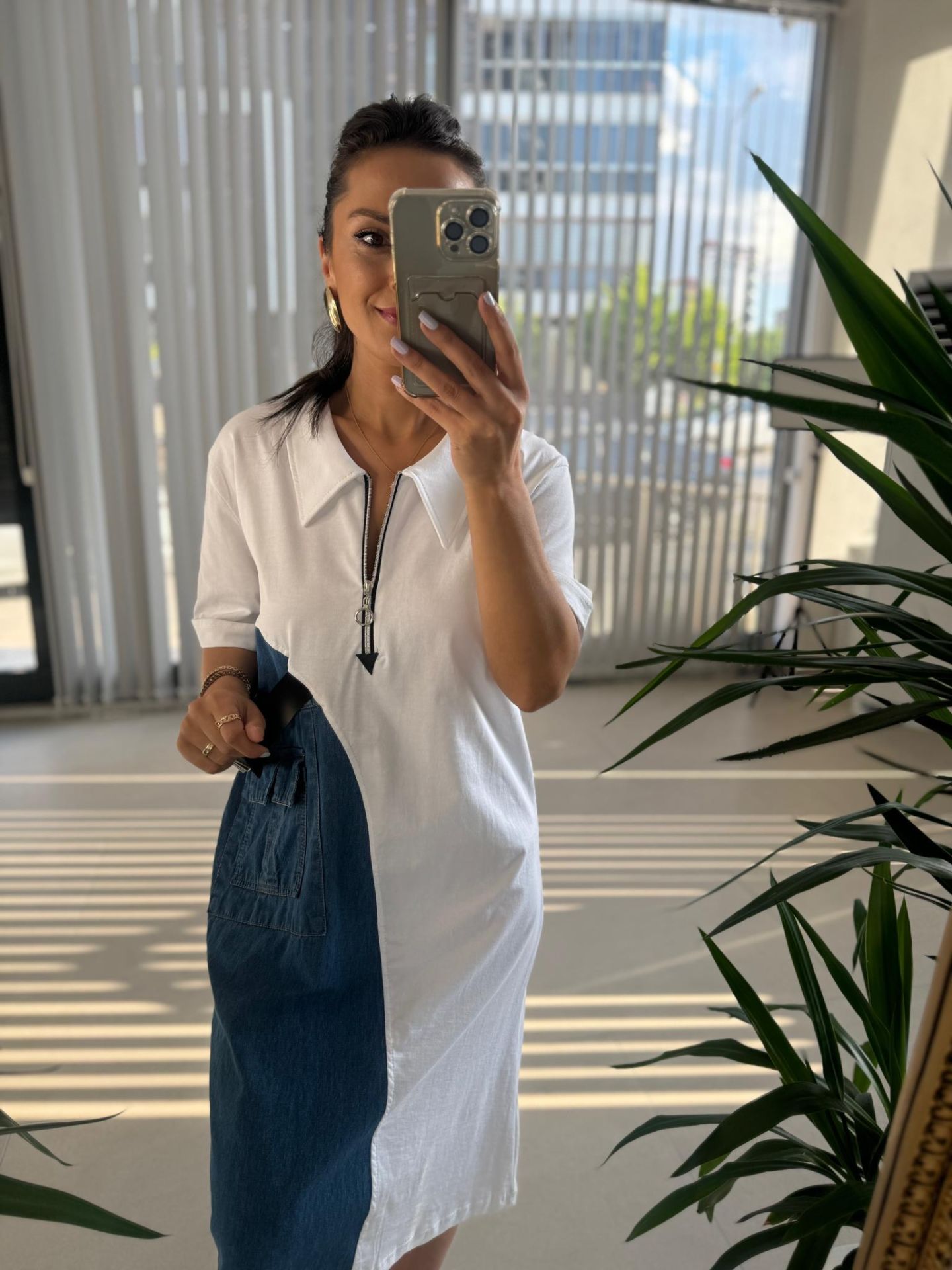 Dr 2703 Tasarım Fermuar Denim Detaylı Beyaz Elbise