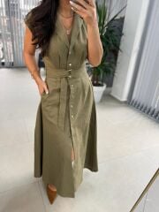 Fw 8139 Haki Gold Düğmeli Keten Elbise