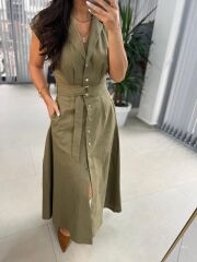 Fw 8139 Haki Gold Düğmeli Keten Elbise