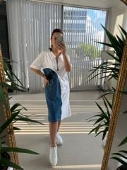 Dr 2703 Tasarım Fermuar Denim Detaylı Beyaz Elbise