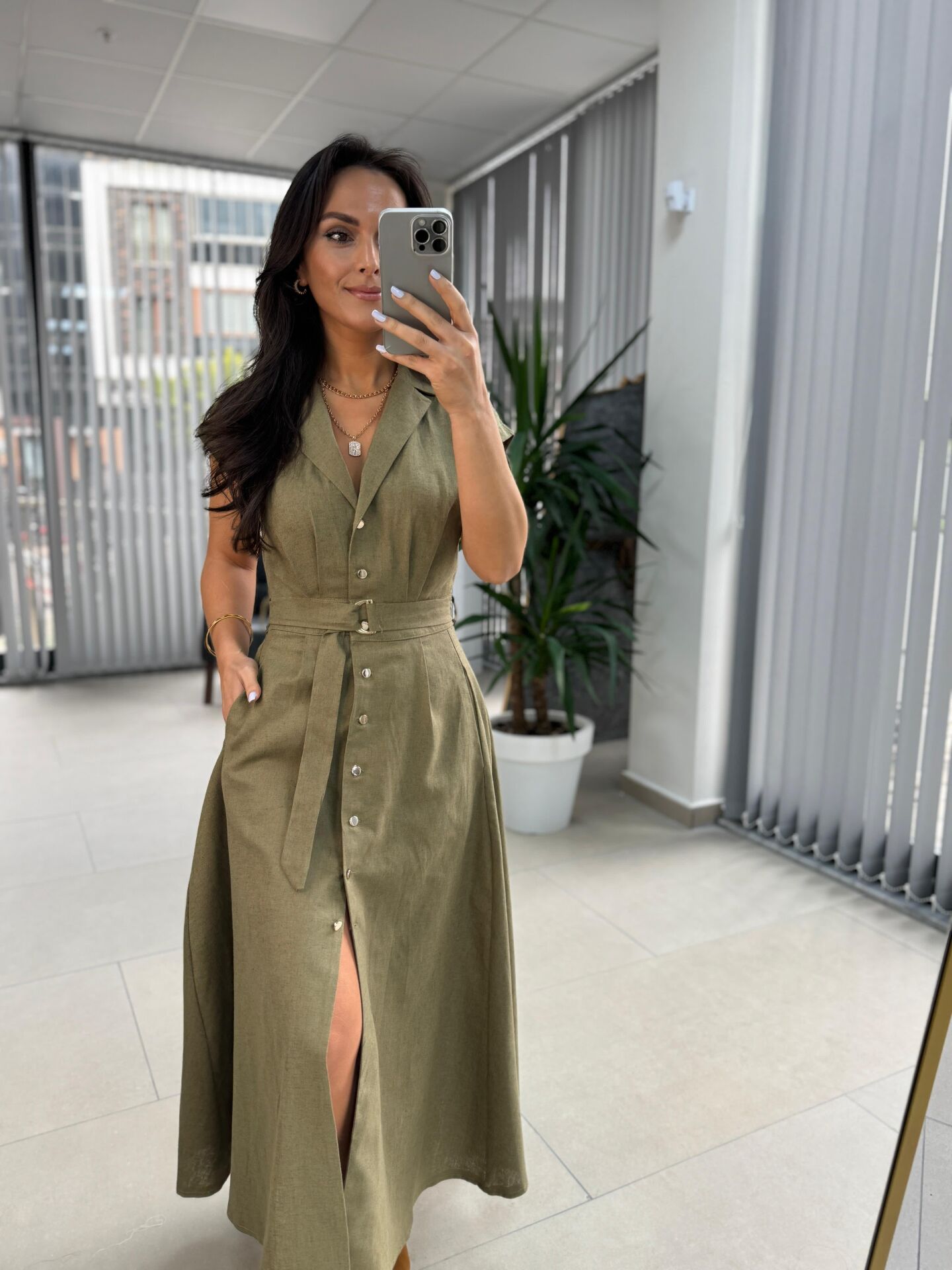 Fw 8139 Haki Gold Düğmeli Keten Elbise