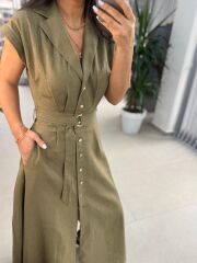 Fw 8139 Haki Gold Düğmeli Keten Elbise
