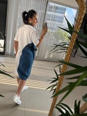 Dr 2703 Tasarım Fermuar Denim Detaylı Beyaz Elbise