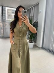 Fw 8139 Haki Gold Düğmeli Keten Elbise