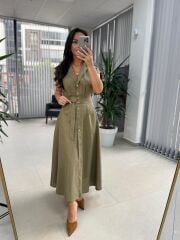 Fw 8139 Haki Gold Düğmeli Keten Elbise