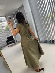 Fw 8139 Haki Gold Düğmeli Keten Elbise