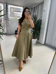Fw 8139 Haki Gold Düğmeli Keten Elbise