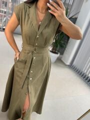 Fw 8139 Haki Gold Düğmeli Keten Elbise
