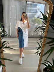 Dr 2703 Tasarım Fermuar Denim Detaylı Beyaz Elbise