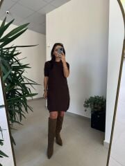 Dv 90257 Kahve Kısa Kol Triko Elbise