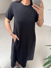 Dr 4021 Poplin Detaylı Siyah Tasarım Elbise