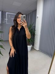 Cr 1634 Siyah Gömlek Yaka Viskon Elbise