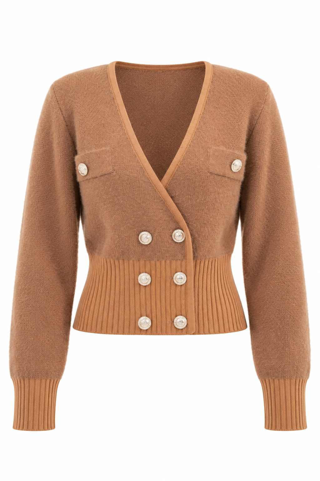 Fz 20779 Camel Kruvaze Yaka İnci Düğmeli Peluş Hırka