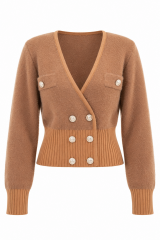 Fz 20779 Camel Kruvaze Yaka İnci Düğmeli Peluş Hırka